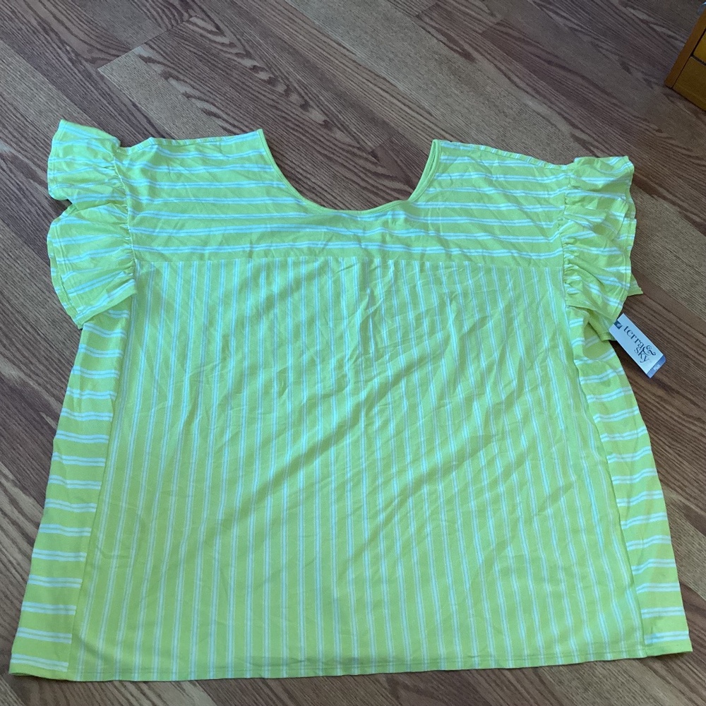 Terra & Sky Bright Yellow & White Striped Ruffle Sleeve T~Shirt 2X (20W~22W)